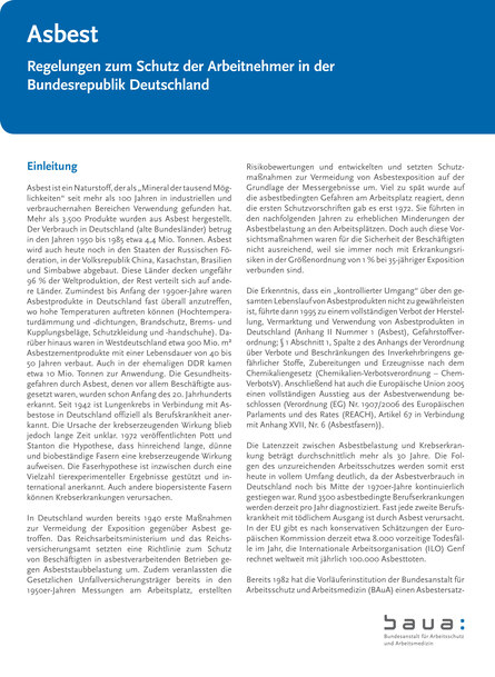 Cover der Broschüre »Asbest - Regelungen zum Schutz der Arbeitnehmer in der Bundesrepublik Deutschland«